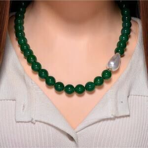 EverTrue Green Onyx Baroque Pearl Necklace Gold Tone Stainless Steel 20"
